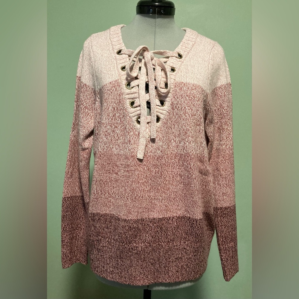 Pink stripe pullover sweater, Vneck lace up grommets, New York & Co - size Small